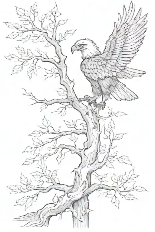 a tree with an eagle sitting in the tree. I want the tree to have no leaves. I want the eagles wing shown as a branch  tattoo design idea