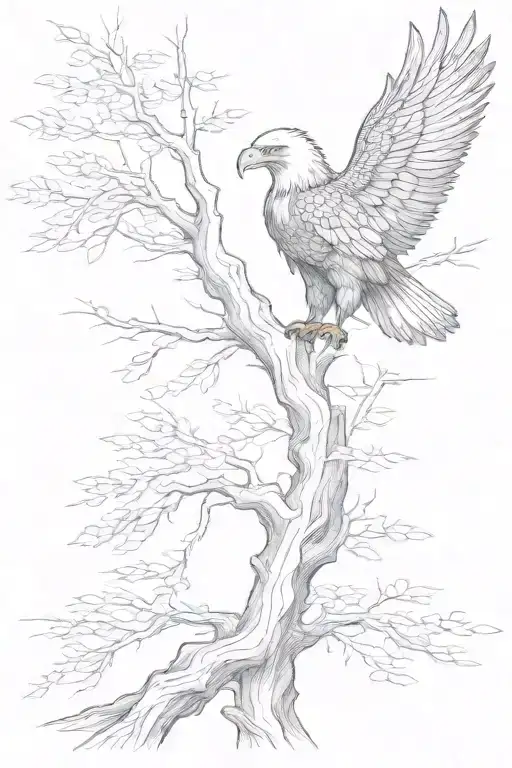 a tree with an eagle sitting in the tree. I want the tree to have no leaves. I want the eagles wing shown as a branch  tattoo design idea