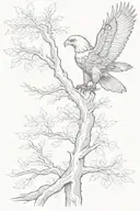 a tree with an eagle sitting in the tree. I want the tree to have no leaves. I want the eagles wing shown as a branch  tattoo design idea