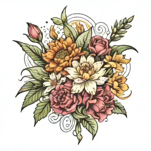 Carnation flower, Daisy flower, rose, water lily, Gladiolus, Aster, Chrysanthemum, Narcissus bouquet  tattoo design idea