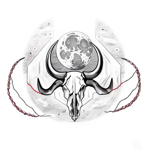 Bull Skull with lunar moon and red string of fate in a Misty forest  tattoo design idea