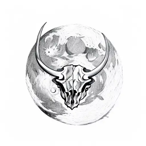 Bull Skull with red eyes in lunar moon and red string of fate in a Misty forest  tattoo design idea