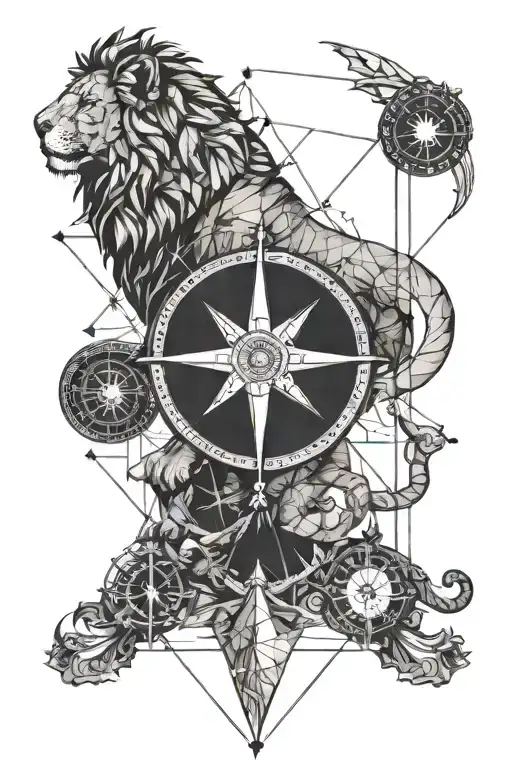 compass lion justice scale tattoo design idea