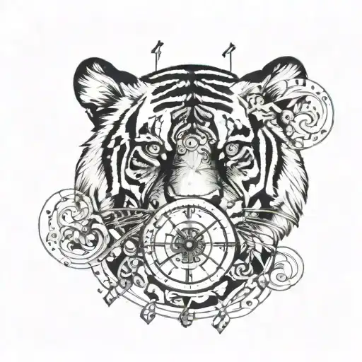A tiger with a clock face as its eye, surrounded by musical notes and dollar signs tattoo design idea