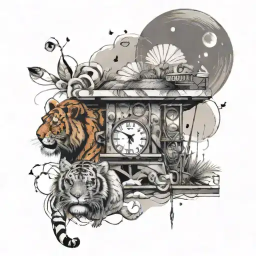 An abstract design featuring a lifeguard tower with a tiger and lion on either side, with clocks and money scattered throughout tattoo design idea