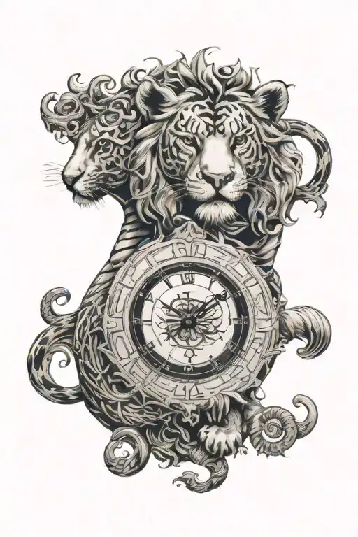 A lion and tiger intertwined in a yin yang symbol, with a clock face in the center tattoo design idea