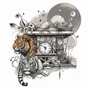 An abstract design featuring a lifeguard tower with a tiger and lion on either side, with clocks and money scattered throughout tattoo design idea