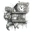 An abstract design featuring a lifeguard tower with a tiger and lion on either side, with clocks and money scattered throughout tattoo design idea