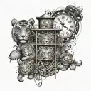 An abstract design featuring a lifeguard tower with a tiger and lion on either side, with clocks and money scattered throughout tattoo design idea