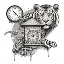 An abstract design featuring a lifeguard tower with a tiger and lion on either side, with clocks and money scattered throughout tattoo design idea