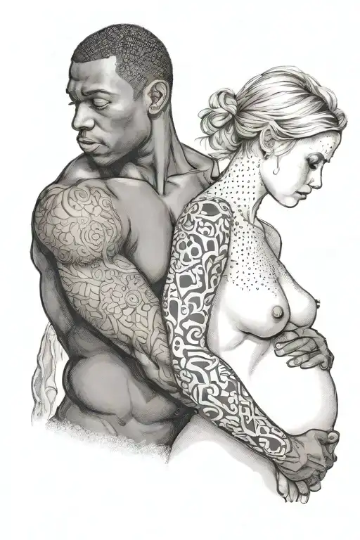nude slim young pregnant european blonde teenage girl and muscular black man tattoo design idea
