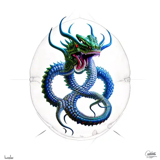 a long Lernaean hydra with five heads that twists around the sword tattoo design idea