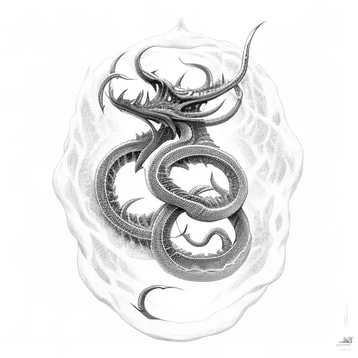 a long Lernaean hydra with five heads that twists around the sword tattoo design idea