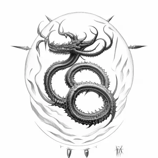 a long Lernaean hydra with five heads that twists around the sword tattoo design idea