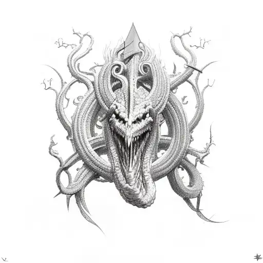 a long Lernaean hydra with five heads that twists around the sword tattoo design idea