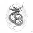 a long Lernaean hydra with five heads that twists around the sword tattoo design idea