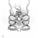 a long Lernaean hydra with five heads that twists around the sword tattoo design idea