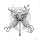 a long Lernaean hydra with five heads that twists around the sword tattoo design idea