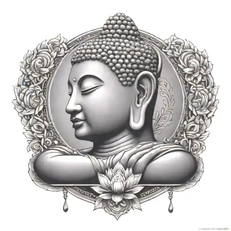 Buddha with DJ headphones on, meditating figure surrounded  tattoo design idea