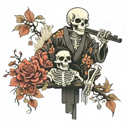Japanese skeleton couple in love tattoo design idea