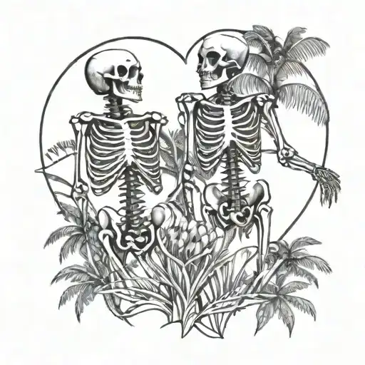 Female and male skeleton in love, under palm trees, hearts, moon beach, detailed black and white color, clean lines tattoo design idea