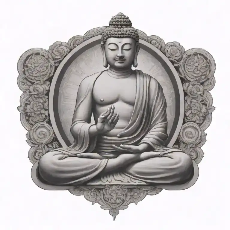 Buddha with DJ headphones on, meditating figure surrounded  tattoo design idea