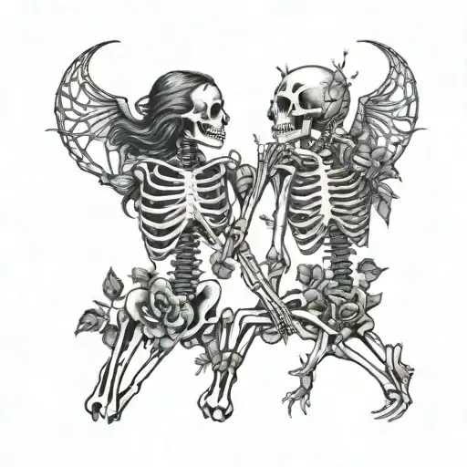 Female and male skeleton in love, thorns, heart, moon tattoo design idea