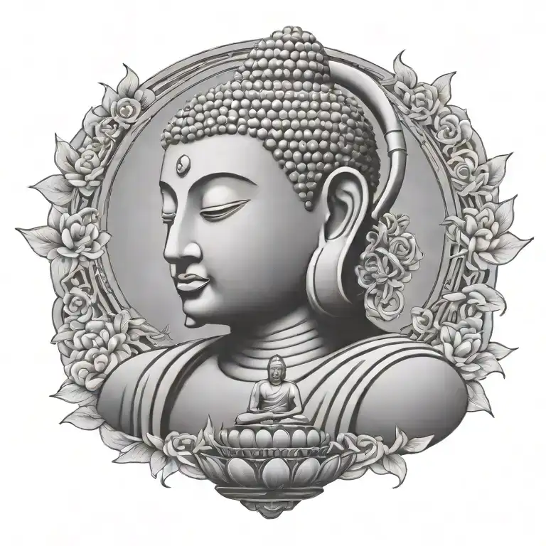 Buddha with DJ headphones on, meditating figure surrounded  tattoo design idea