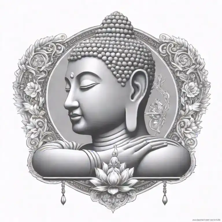 Buddha with DJ headphones on, meditating figure surrounded  tattoo design idea