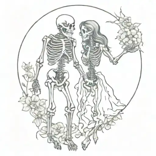 Female and Male Skeleton couple full body in love, holding hands, thorns, hearts, moon above tattoo design idea