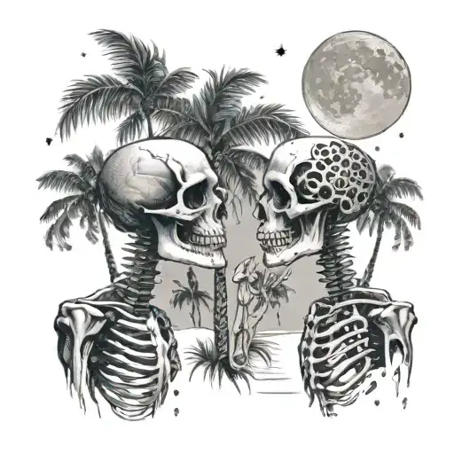 Female and male skeleton in love, under palm trees, hearts, moon beach, detailed tattoo design idea