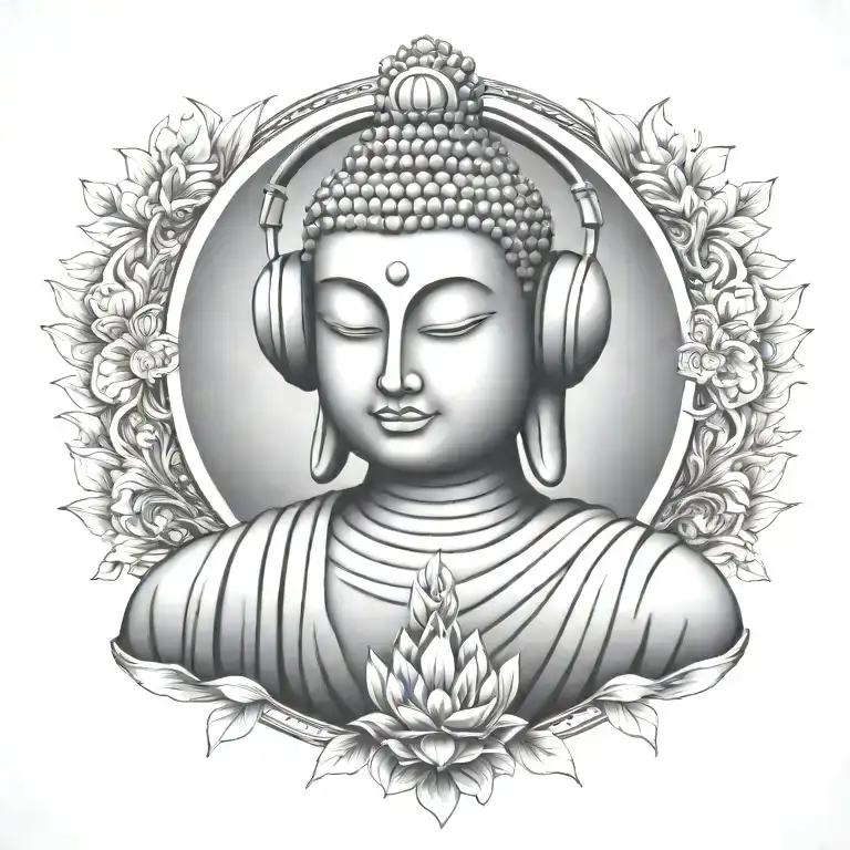 Buddha with headphones on, listening to music, meditating surrounded  tattoo design idea