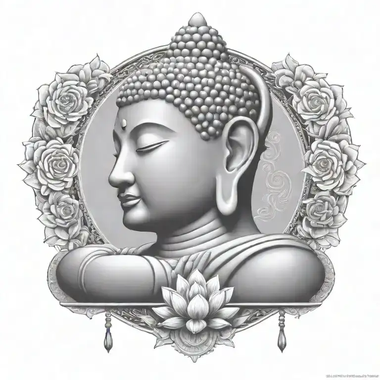 Buddha wearing headphones, meditating figure surrounded, listening to music tattoo design idea