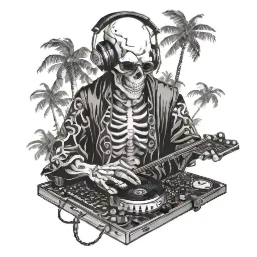 skeleton, DJ, with sunglasses, records, music, wearing kimono, Palm tree, black and white color tattoo design idea