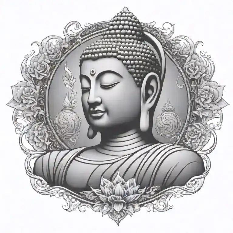 Buddha wearing headphones, meditating figure surrounded, listening to music tattoo design idea