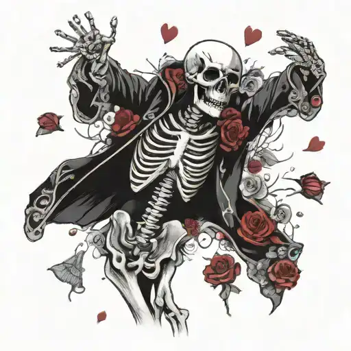 male skeleton in love, wearing kimono, black and white, roses, DJ, music  , heart tattoo design idea