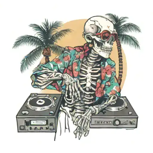 skeleton, DJ, with sunglasses, records, music, wearing kimono, Palm tree tattoo design idea