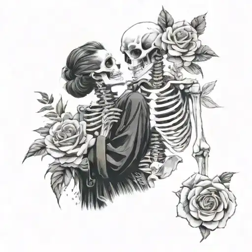 Female, male skeleton in love, wearing kimonos, black and white, roses, DJ, music  , heart tattoo design idea
