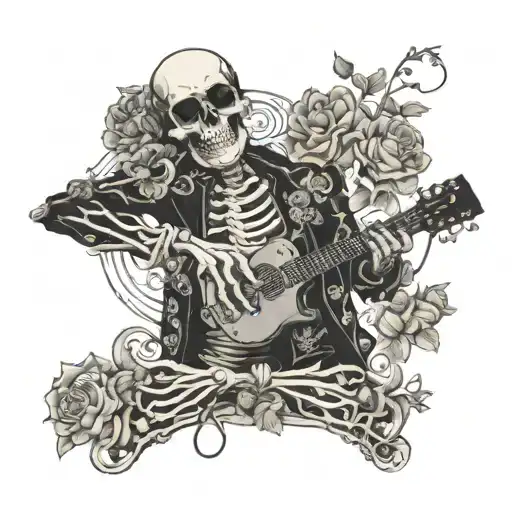 male skeleton, DJ, in love, with sunglasses wearing kimono, black and white, roses, music  , heart tattoo design idea