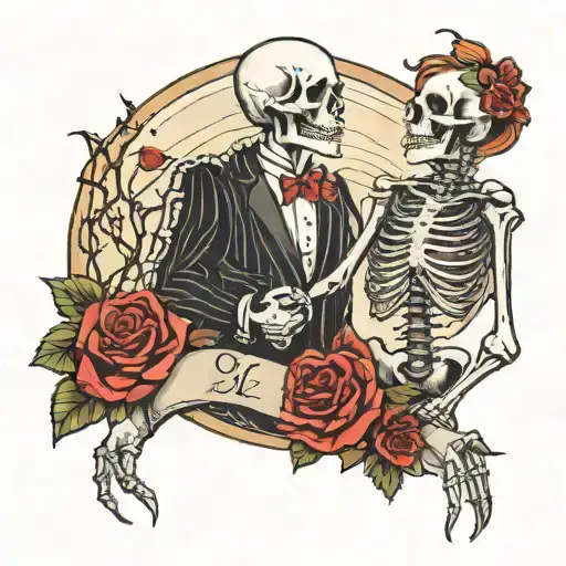 Female and Male Skeleton couple full body in love, holding hands, thorns, hearts, moon above tattoo design idea