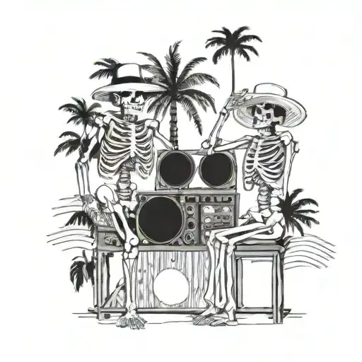 male female skeletons, DJ, turntables, dancing, hat, wearing kimonos, Palm tree, smoking black and white color tattoo design idea