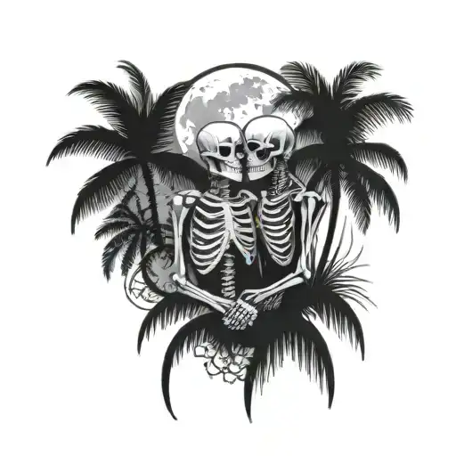 Female and male skeleton in love, under palm trees, hearts, moon beach, detailed black and white    tattoo design idea