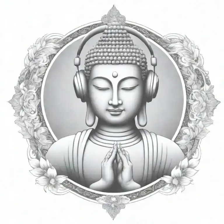 Buddha with headphones on, listening to music, meditating surrounded  tattoo design idea