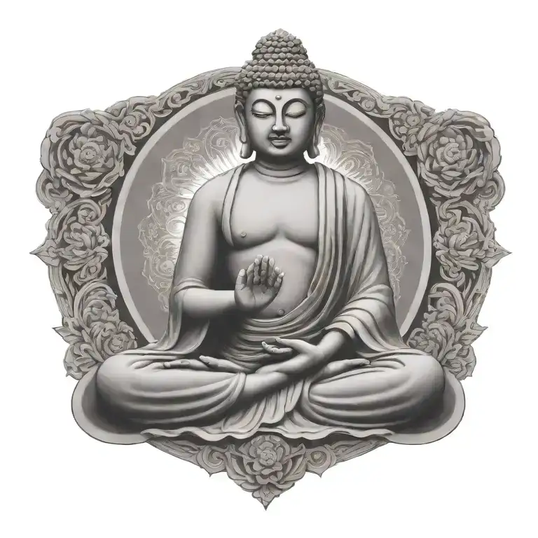 Buddha meditating figure surrounded tattoo design idea