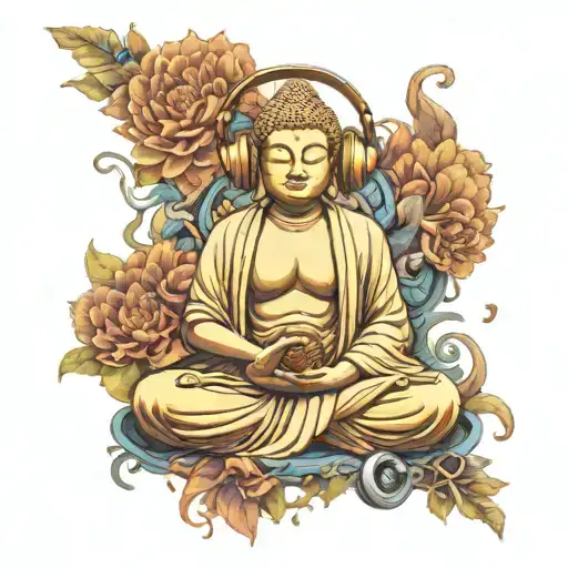 Buddha meditating figure surrounded wearing headphones listening to music  tattoo design idea