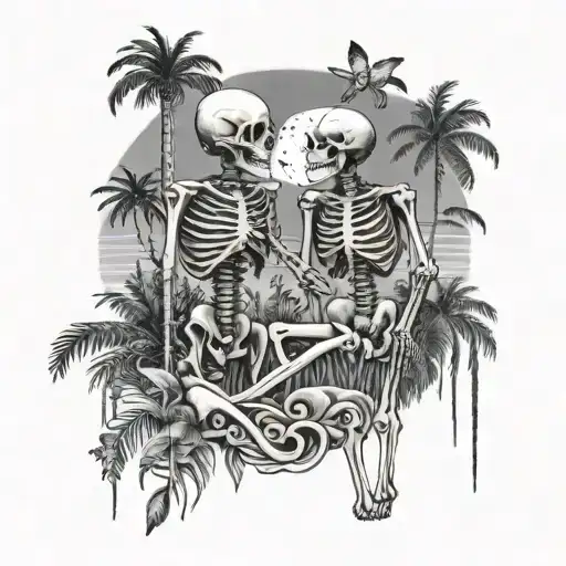 Female and male skeleton in love, under palm trees, hearts, moon beach, detailed black and white    tattoo design idea