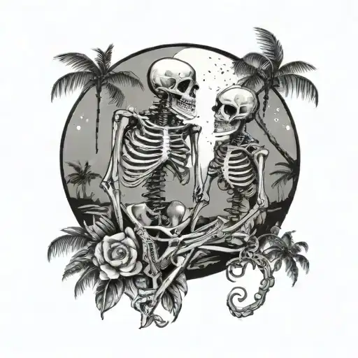 Female and male skeleton in love, under palm trees, hearts, moon beach, detailed tattoo design idea