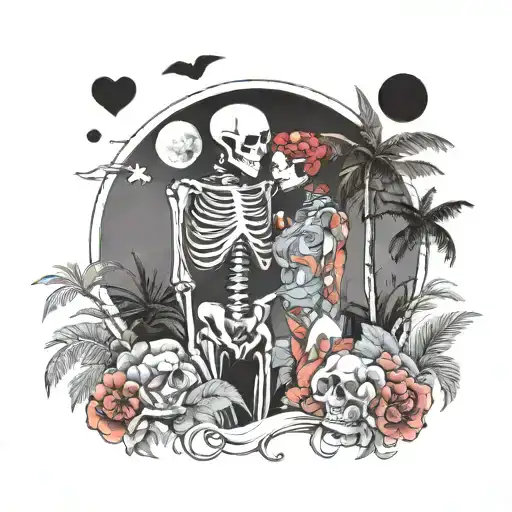 Female and male skeleton in love, under palm trees, hearts, moon beach, detailed black and white    tattoo design idea