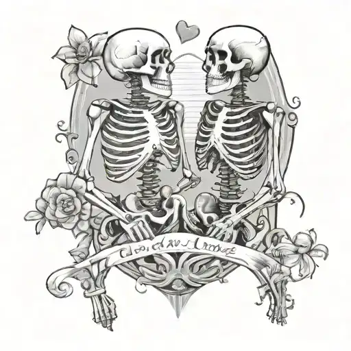 Male and Female Skeleton couple in love at beach hearts tattoo design idea
