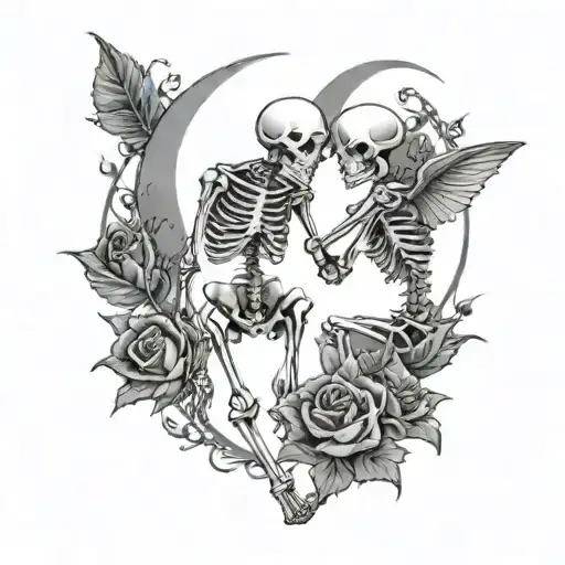 Female and Male Skeleton couple full body in love, holding hands, thorns, hearts, moon above tattoo design idea
